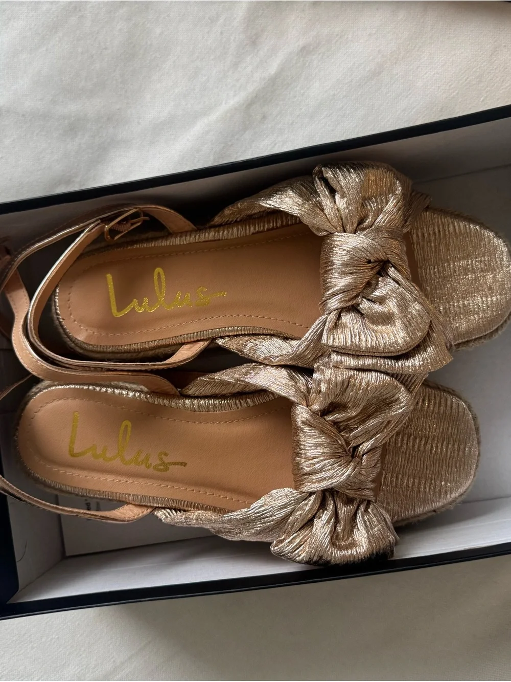Lulu's Metallic Gold Bow Espadrille Wedge Sandals